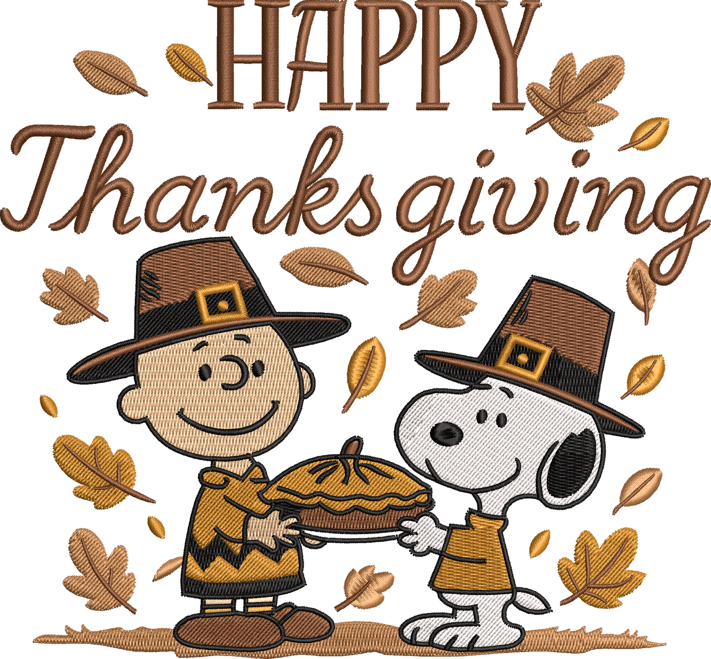 Happy Thanksgiving Embroidered Sweatshirt - Charlie Brown & Snoopy Pilgrim Design