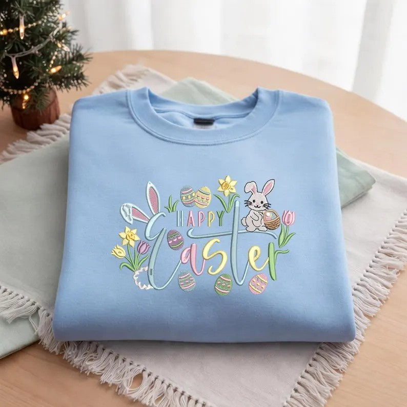 Embroidered Happy Easter Sweatshirt with Bunny and Flowers