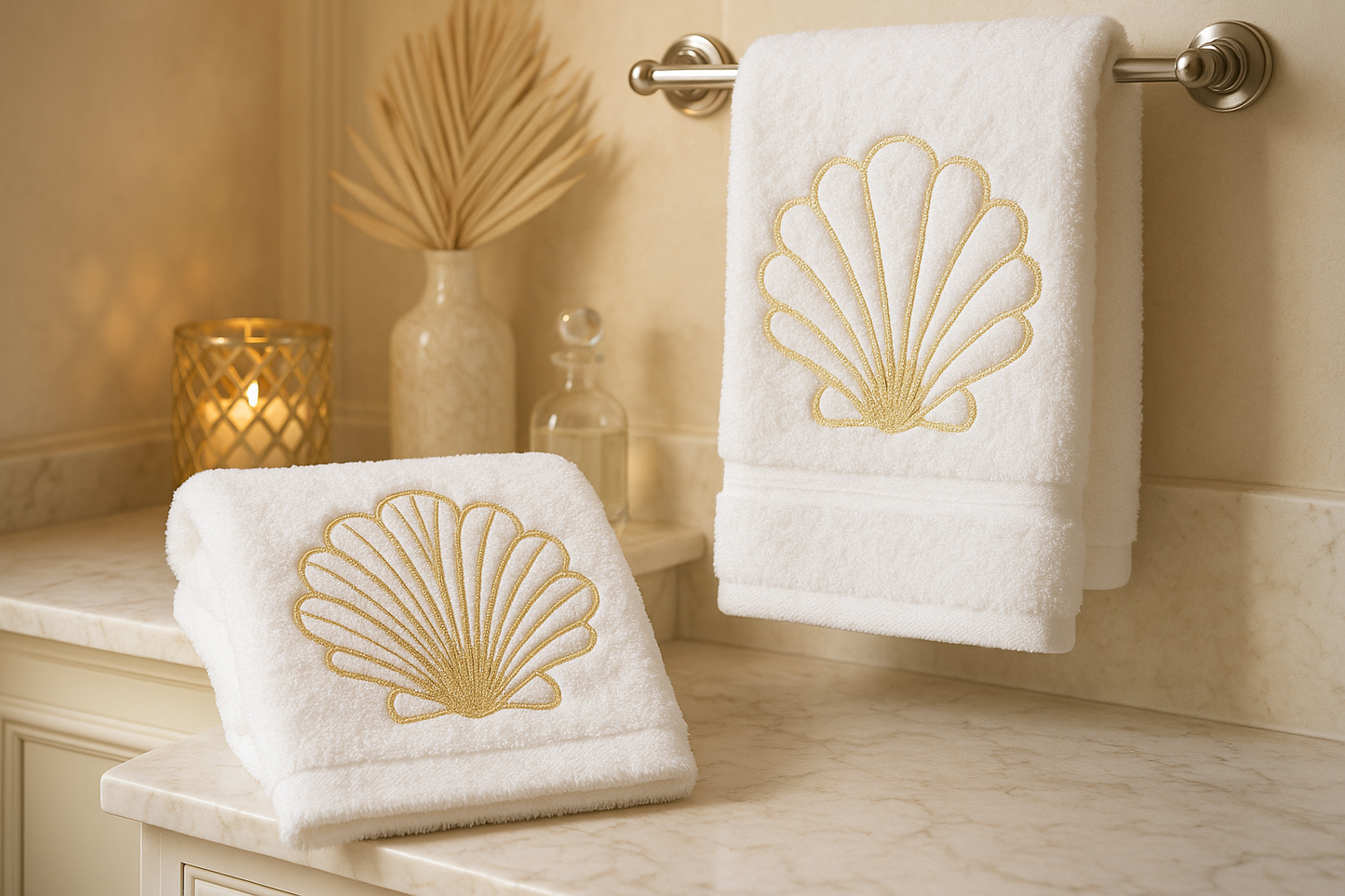 Embroidered Fan Seashell Towel - Gold Luxury Design - Set of 2