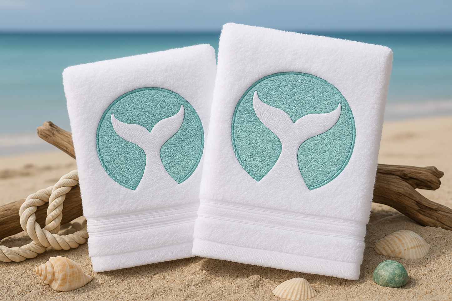 Embroidered Whale Tail Towel - Teal Ocean Design - Set of 2