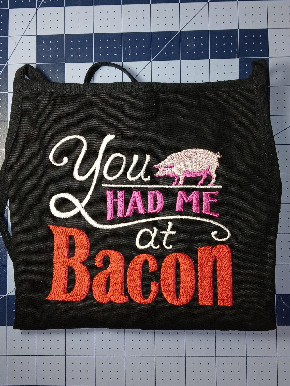 Embroidered apron, "You had me at Bacon!"