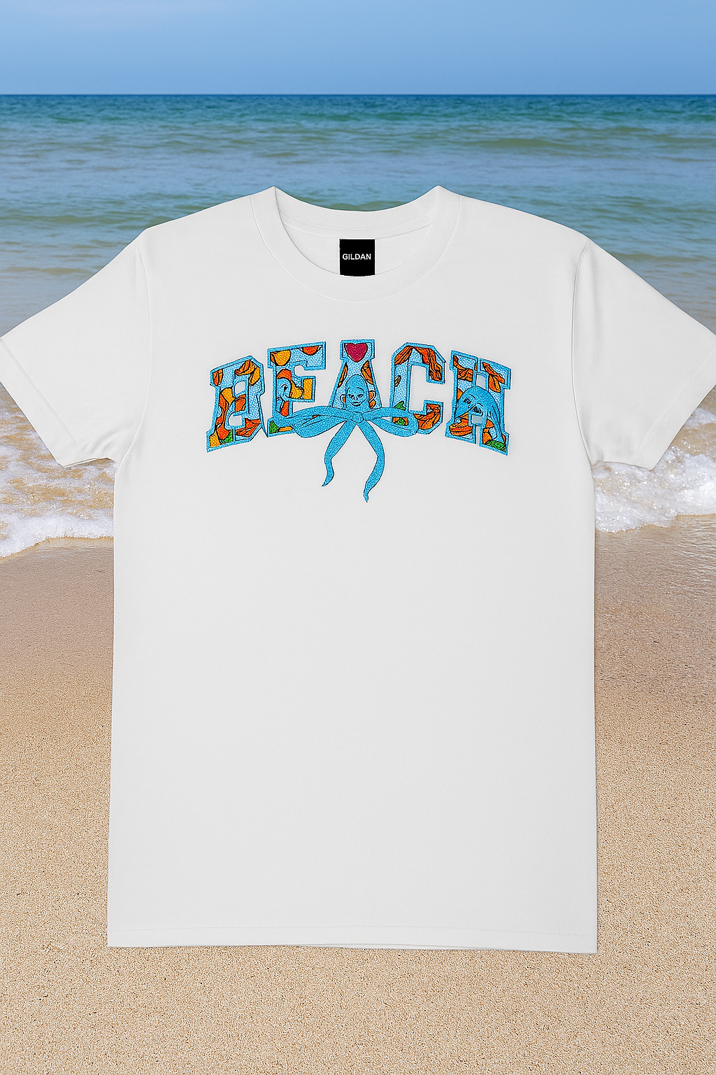 ποΈ BEACH Embroidered T-Shirt - Tropical Ribbon Design π