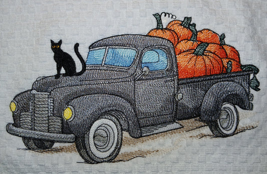 Autumn Truck Kitchen Towel - Embroidered Fall Harvest Design (Pair of Towels)