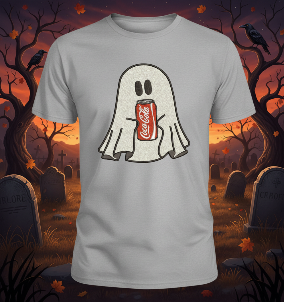 Halloween Embroidered Ghost holding a can of Coke