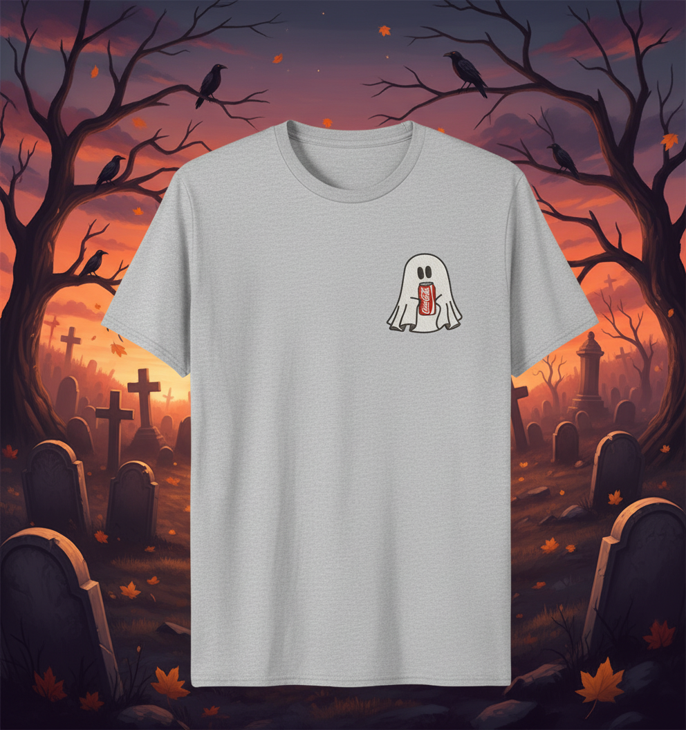 Halloween Embroidered Ghost holding a can of Coke