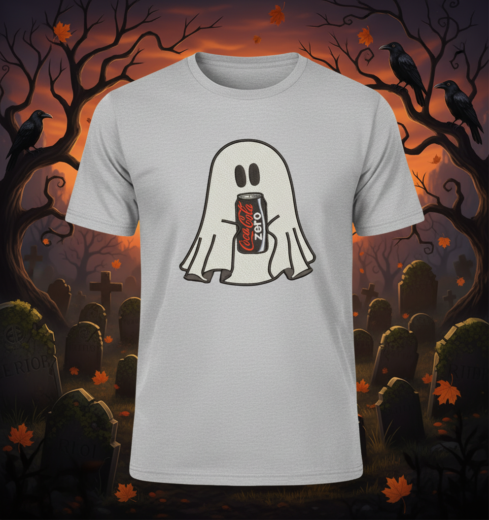 Halloween Embroidered Ghost holding a can of Coke Zero