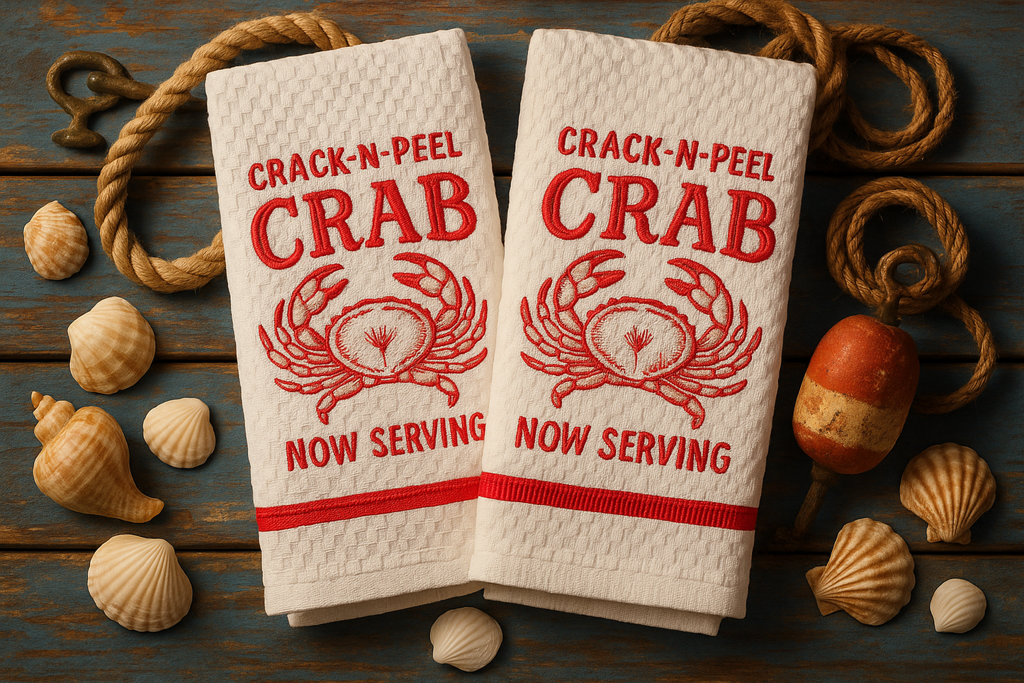 Embroidered Crab Kitchen Towels - Crack-N-Peel Crab Now Serving Set of 2