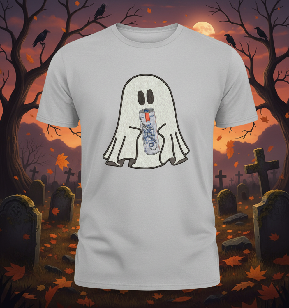 Halloween Embroidered Ghost holding a can of Ultra