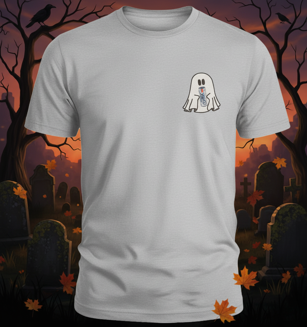 Halloween Embroidered Ghost holding a can of Ultra