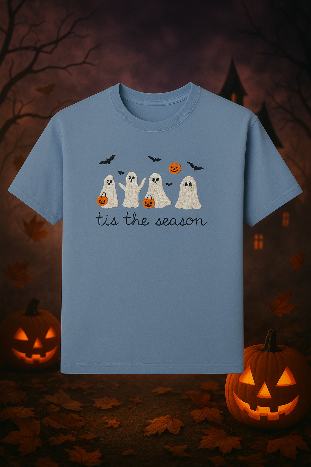 Tis The Season Embroidered Halloween Ghost T-Shirt