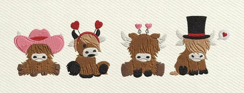 Valentine's Day Four Highland Cows Embroidered Sweatshirt