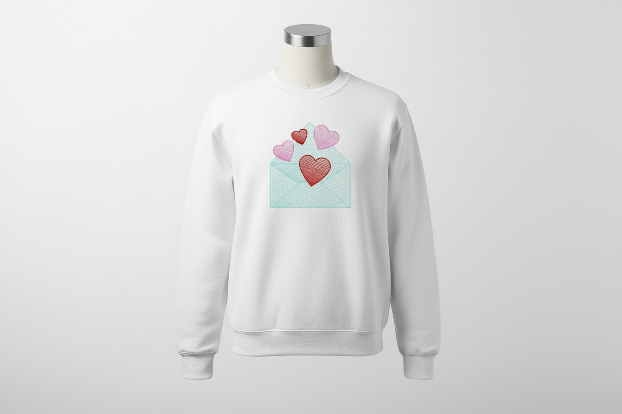 White sweatshirt with hearts envelope embroidery 6x10 inch