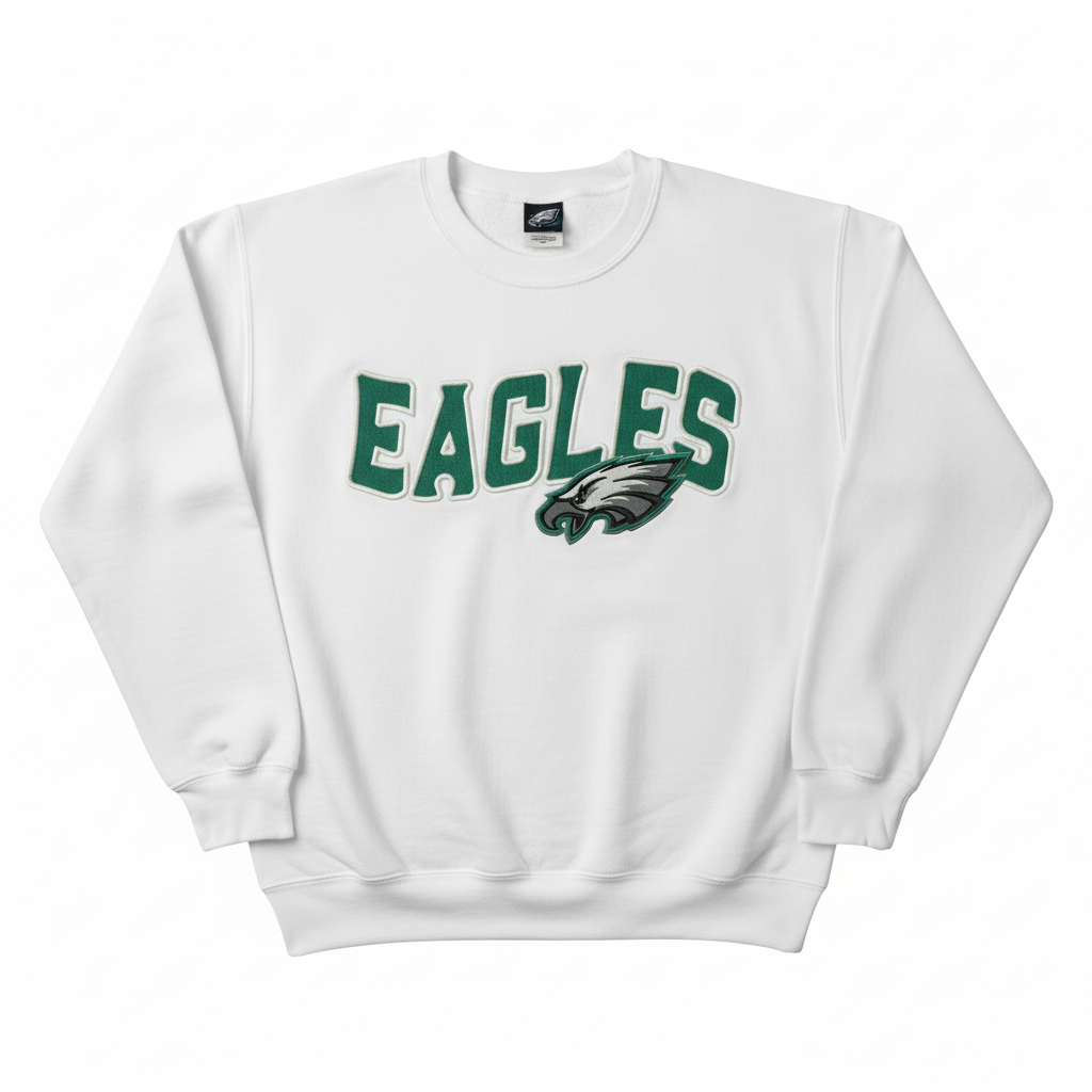 Eagles embroidered design on white sweatshirt