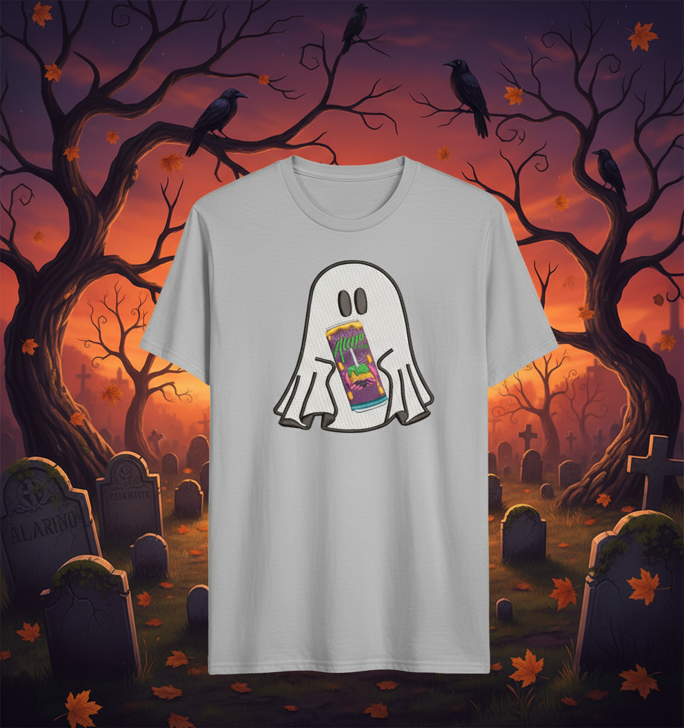 Halloween Embroidered Ghost holding a can of Alani