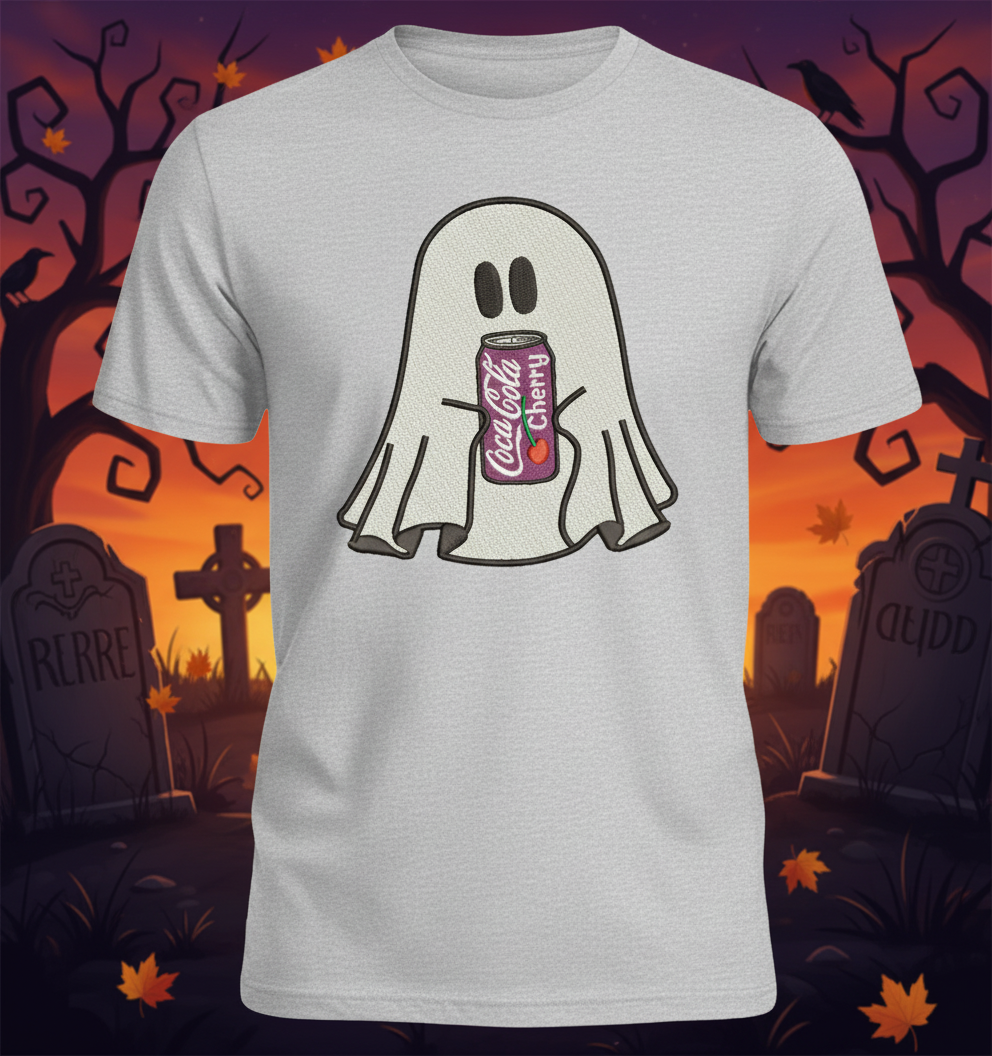 Halloween Embroidered Ghost holding a can of Cherry Coke