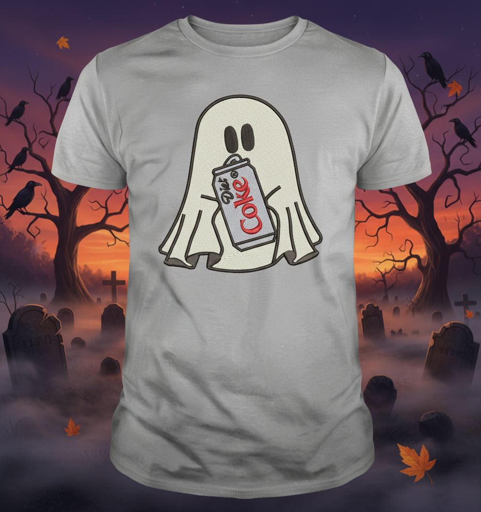 Halloween Embroidered Ghost holding a can of Diet Coke