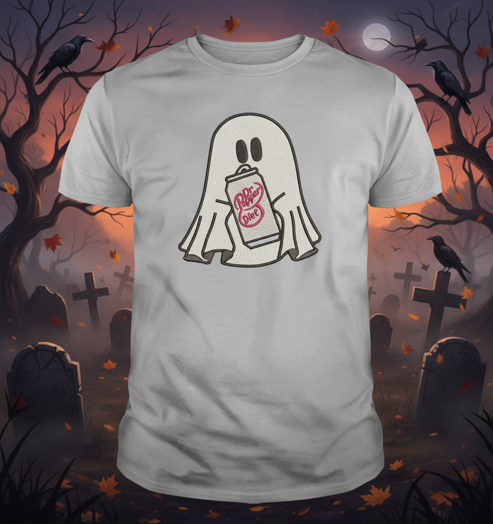 Halloween Embroidered Ghost holding a can of Diet Dr. Pepper