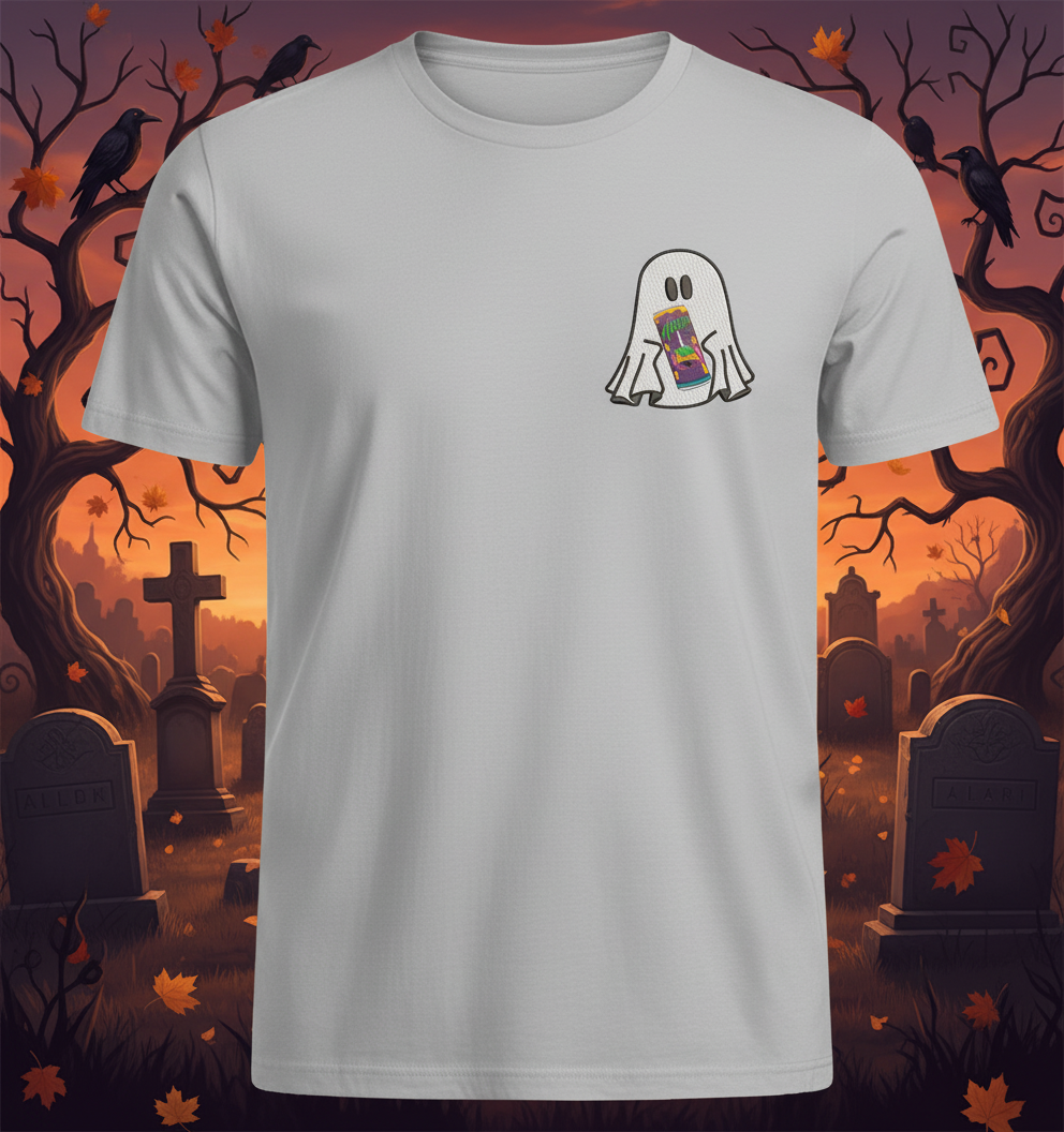 Halloween Embroidered Ghost holding a can of Alani