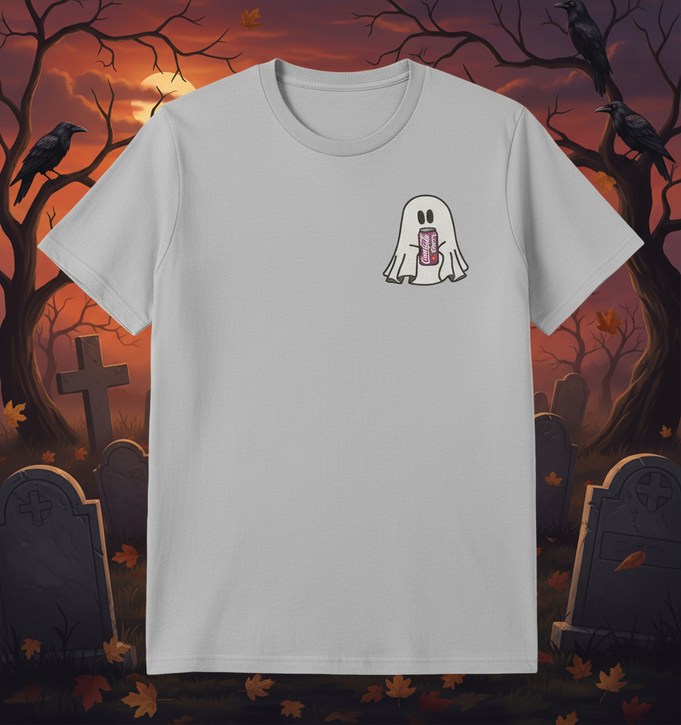 Halloween Embroidered Ghost holding a can of Cherry Coke