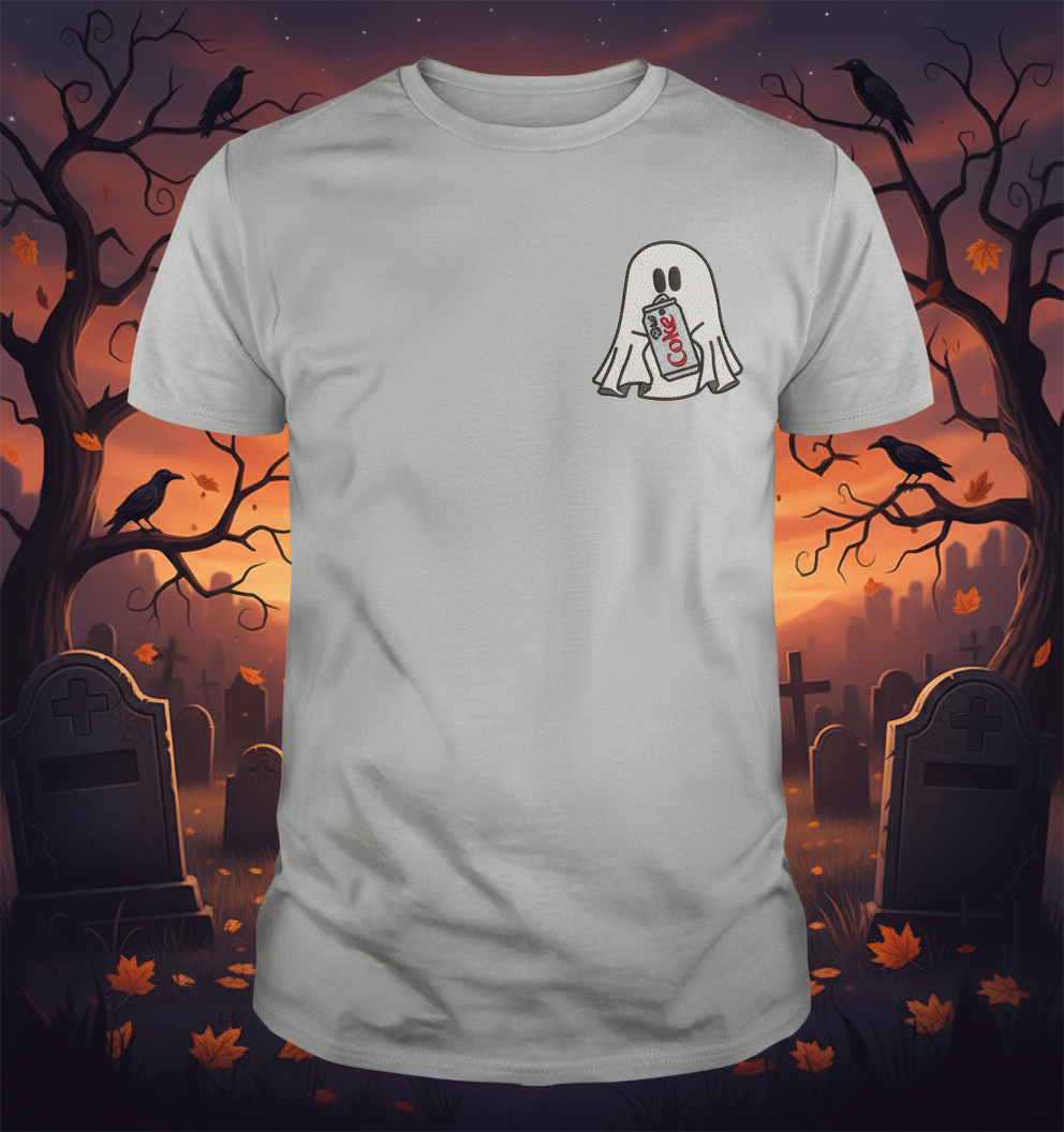 Halloween Embroidered Ghost holding a can of Diet Coke