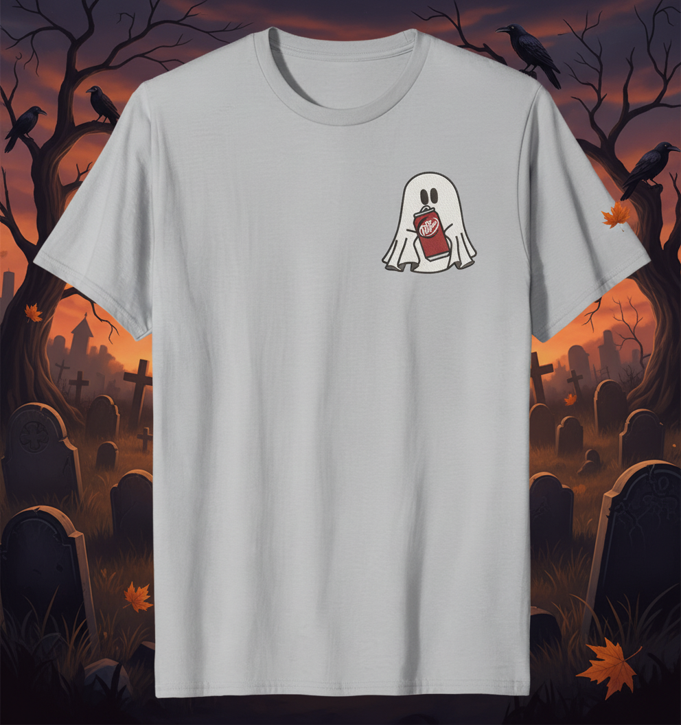 Halloween Embroidered Ghost holding a can of Dr. Pepper