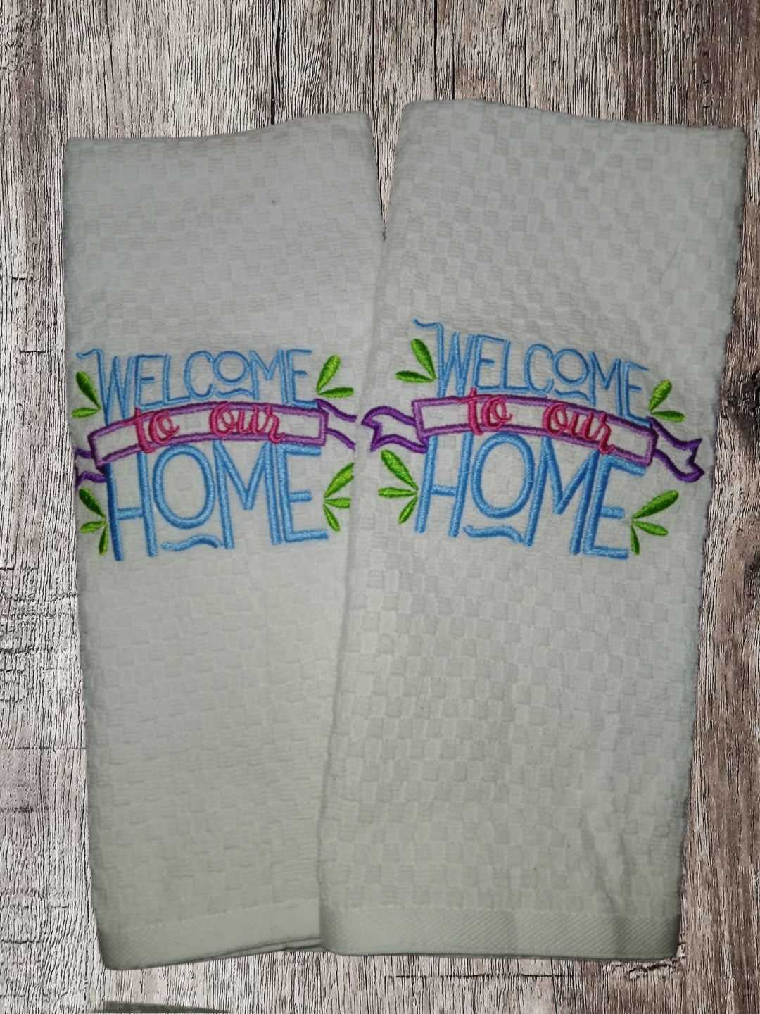 Embroidered "Welcome to Our Home" kitchen towel set