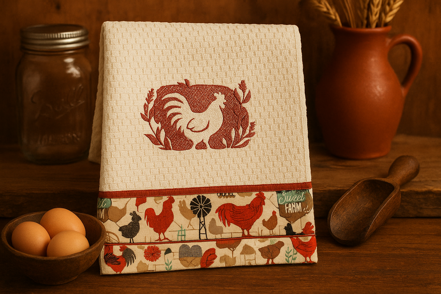 Rooster Farm Animal Embroidered Kitchen Towels Set - Country Decor