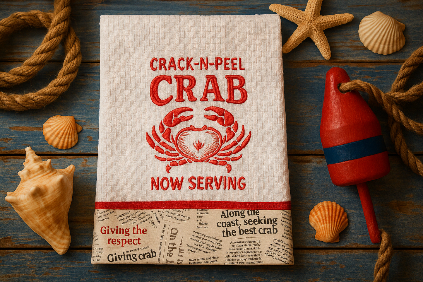 Embroidered Crab Kitchen Towels - Crack-N-Peel Crab Now Serving Set of 2