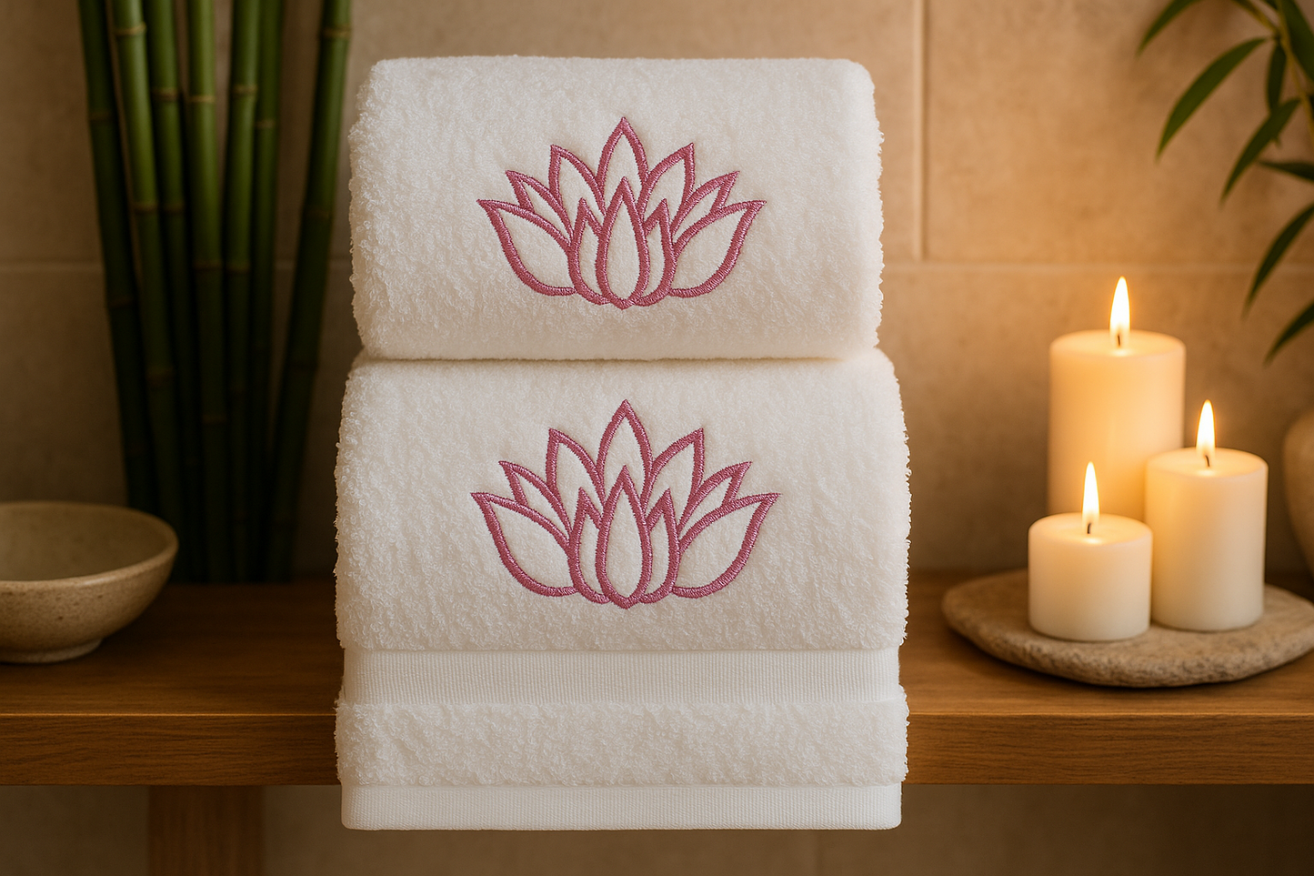 πͺ· Luxury Embroidered Lotus Towel - White with Pink Lotus Design - Set of 2 β¨