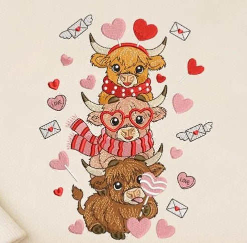 Valentine's Day Stacked Highland Cows Embroidered Sweatshirt