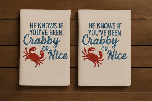 He Knows If You've Been Crabby or Nice Embroidered Hand Towels