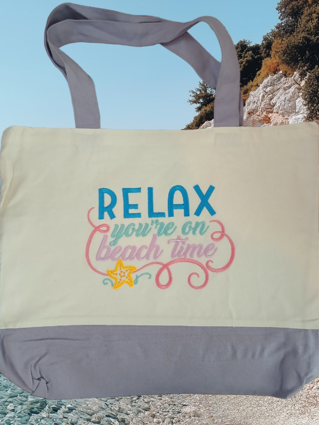 Embroidered Tote Bag - "Relax, You're on Beach Time"