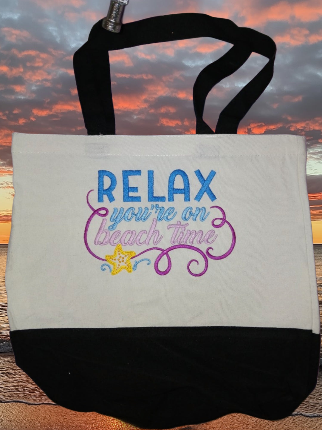 Embroidered Tote Bag - "Relax, You're on Beach Time"