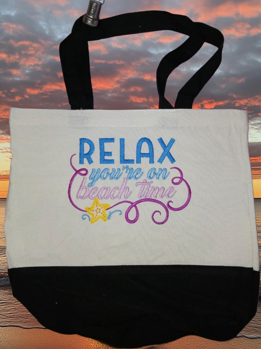 Embroidered Tote Bag - "Relax, You're on Beach Time"