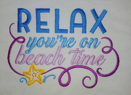 Embroidered Tote Bag - "Relax, You're on Beach Time"