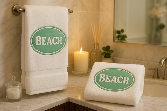 Embroidered Beach Towel - Green BEACH Design - Set of 2