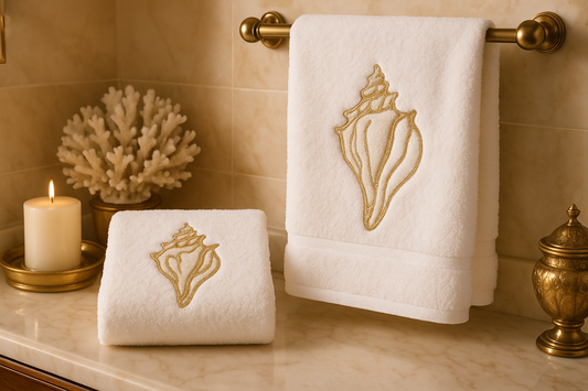 Embroidered Conch Shell Towel - Gold Coastal Design - Set of 2