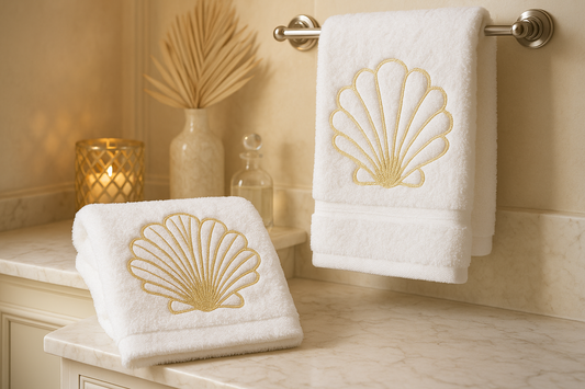 Embroidered Fan Seashell Towel - Gold Luxury Design - Set of 2