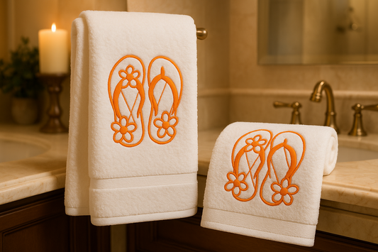 Embroidered Flip-Flop Towel - Orange Summer Design - Set of 2