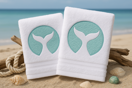 Embroidered Whale Tail Towel - Teal Ocean Design - Set of 2