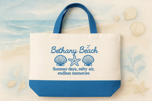 Bethany Beach Embroidered Canvas Tote Bag - Coastal Beach Design