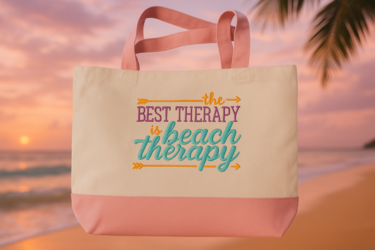 Beach Therapy Embroidered Tote Bag - Funny Beach Quote Canvas Bag