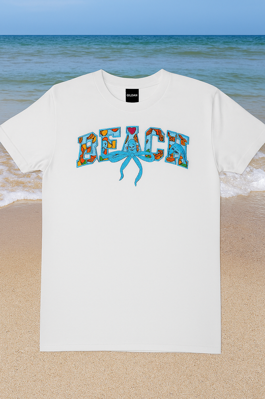 🏖️ BEACH Embroidered T-Shirt - Tropical Ribbon Design 🎀