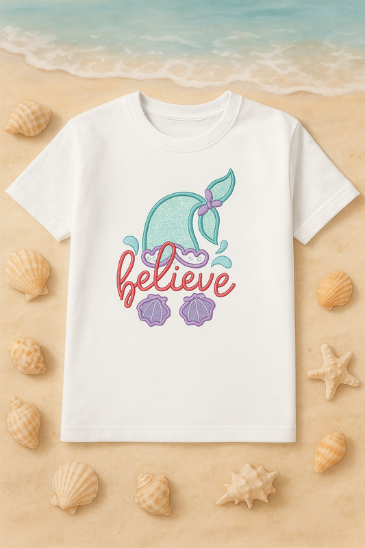 Believe Mermaid Tail Embroidered T-Shirt