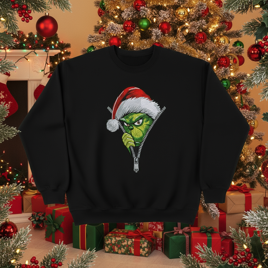 Grinch Zipper Peaker Christmas Embroidered Sweatshirt