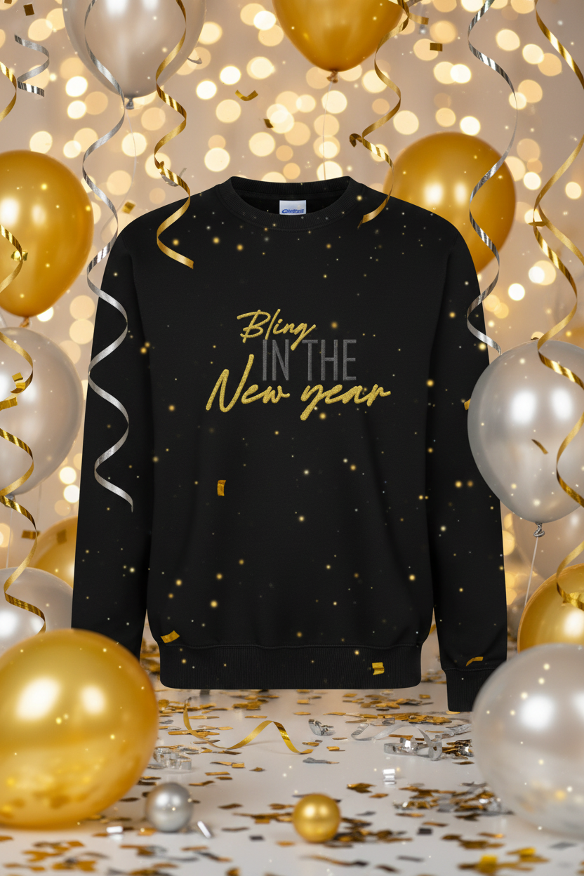 Black sweatshirt with Bling in the New Year on festive backdrop