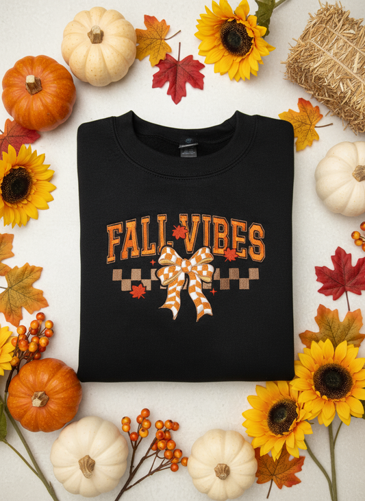 🍂 Fall Vibes Embroidered Sweatshirt - Black with Gingham Bow Design 🎀