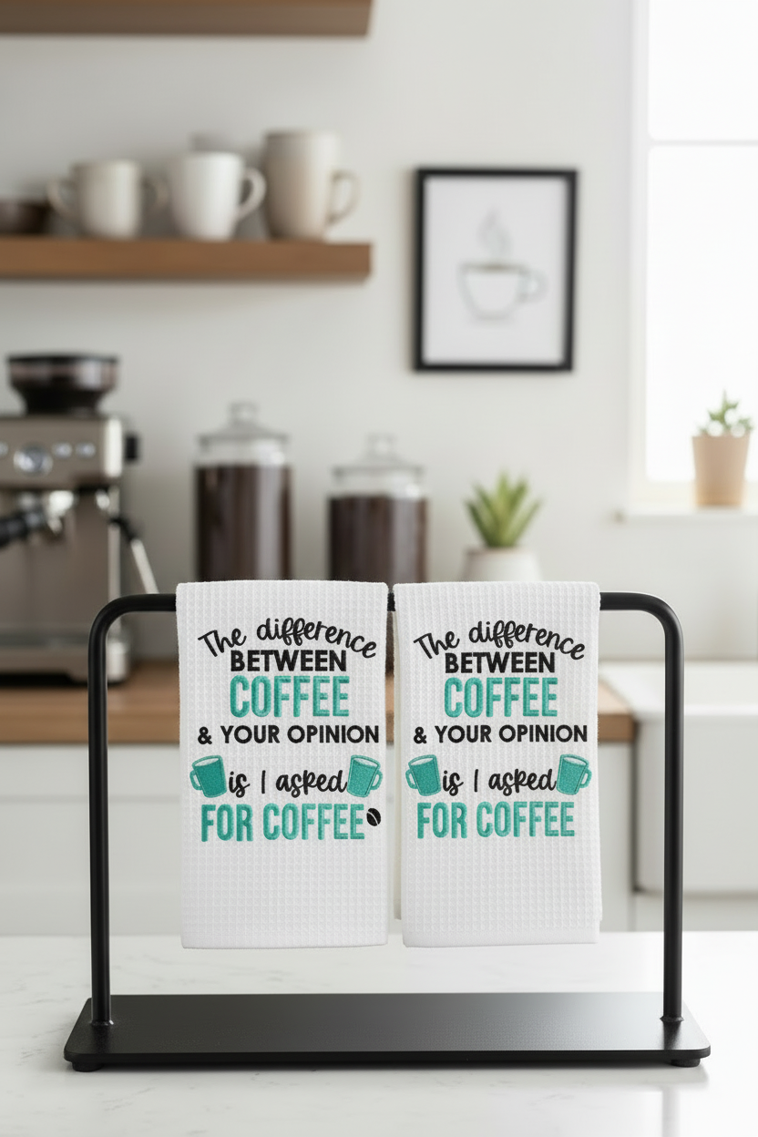 The Difference Between Coffee & Your Opinion Embroidered Kitchen Towel Set - Set of 2
