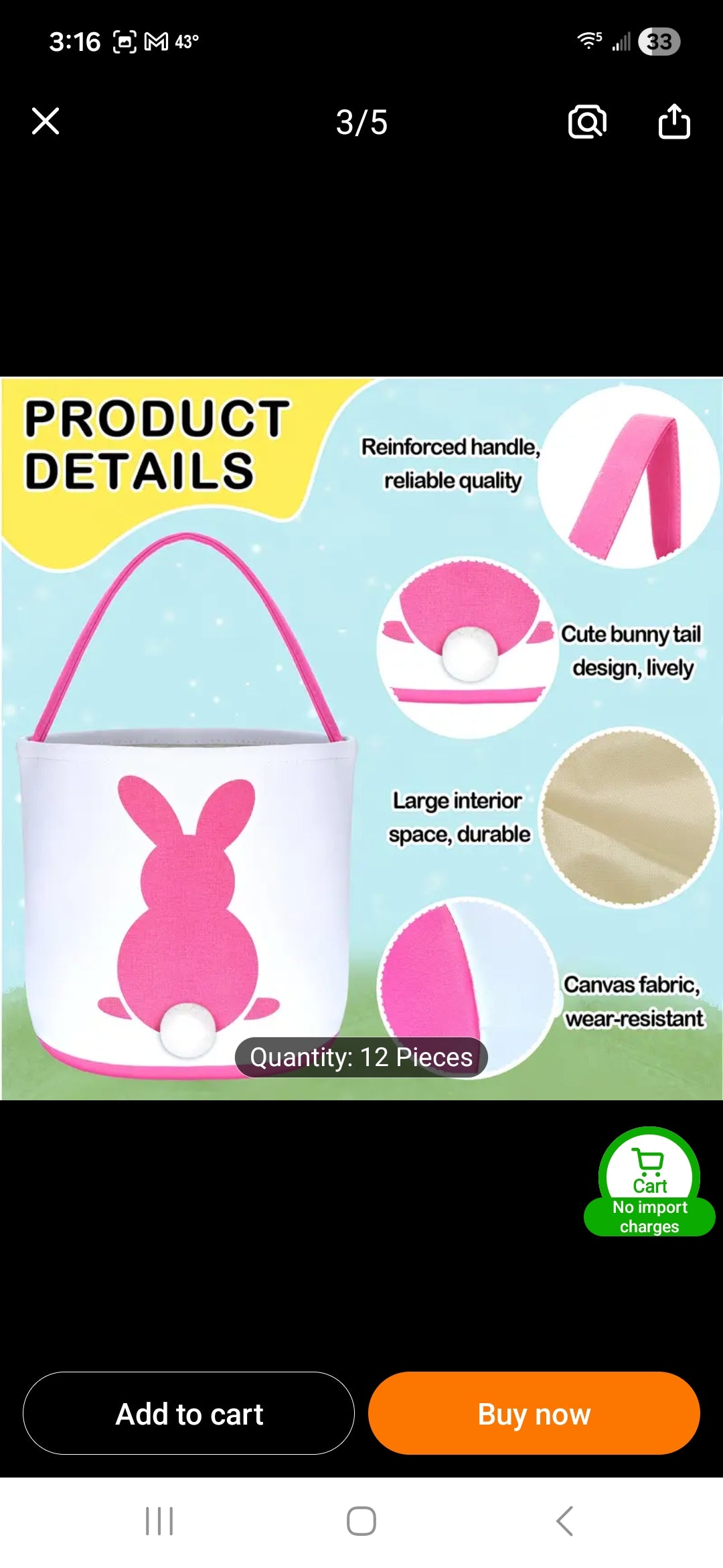 Personalized Embroidered Canvas Printed Bunny Bucket with Fluffy Tail