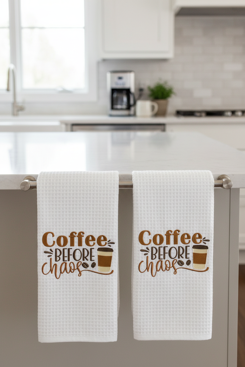 Coffee Before Chaos kitchen towels hanging in kitchen